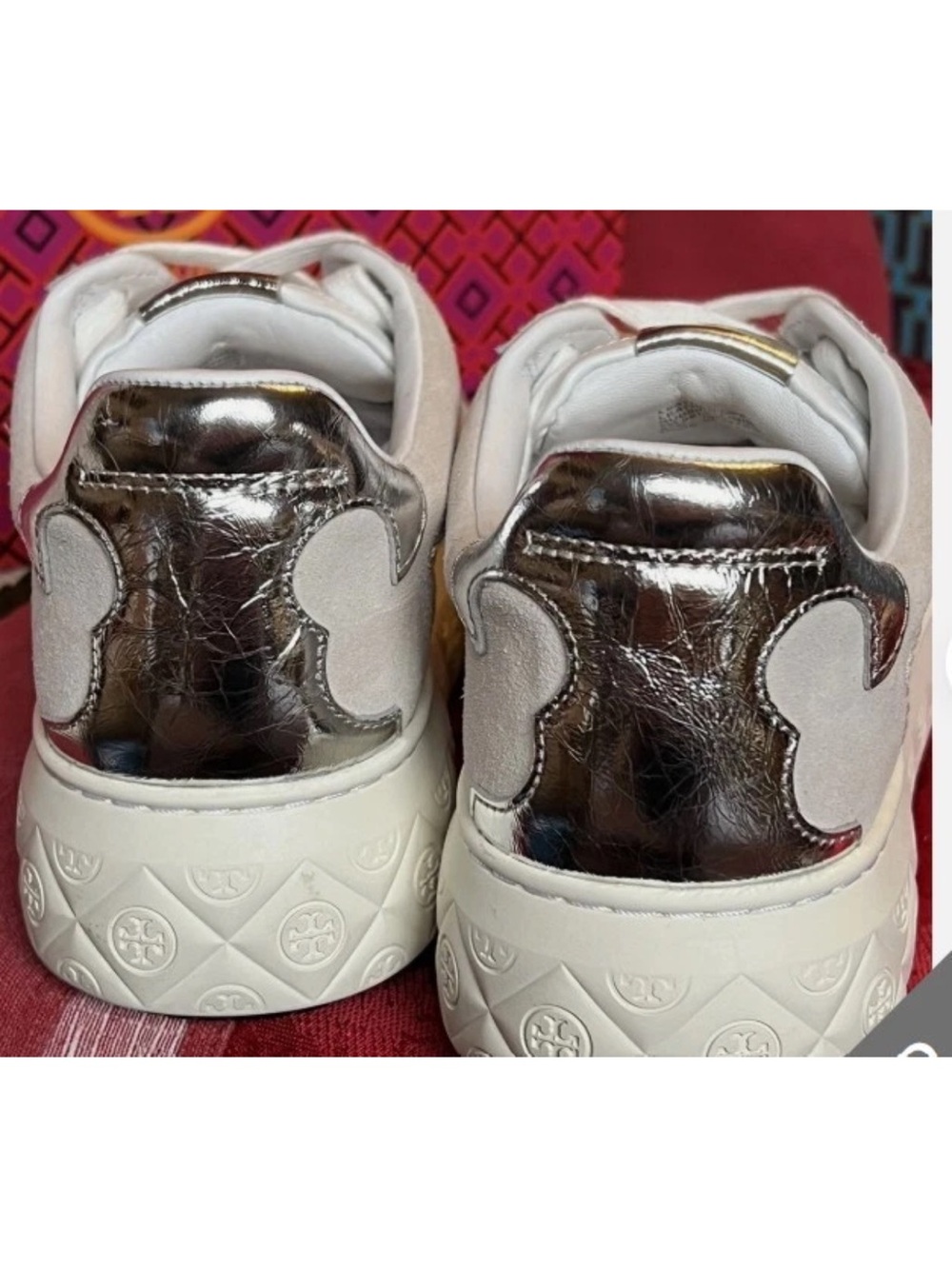 Tory Burch White & Taupe Suede-Trim Platform Sneakers with Metallic Heel - Picture 2 of 5